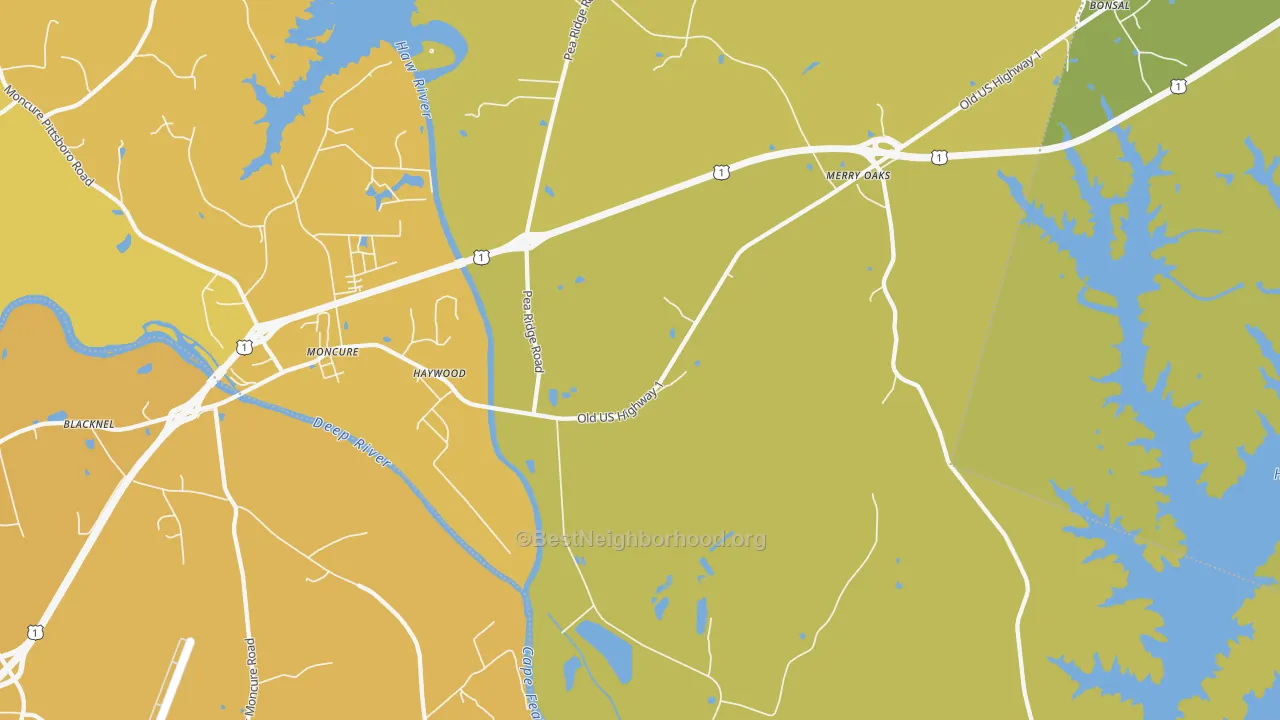 Map of the best neighborhoods in the Haywood area, with better matches in green and worse matches in red