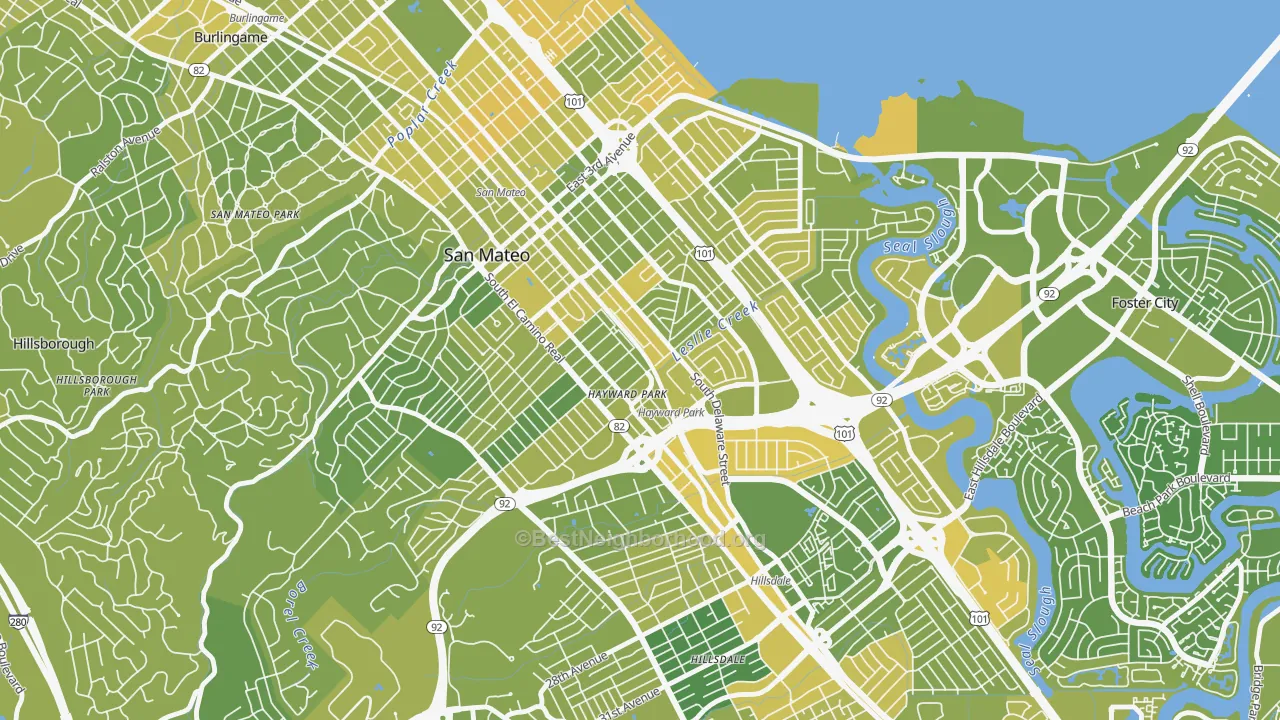 Map of the best neighborhoods in the Haywood Park, San Mateo area, with better matches in green and worse matches in red