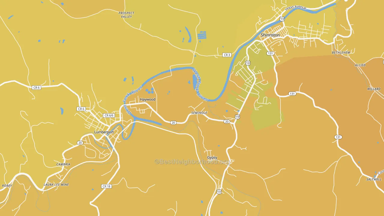Map of the best neighborhoods in the Haywood area, with better matches in green and worse matches in red