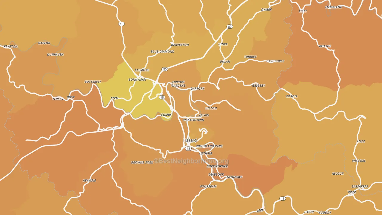 Map of the best neighborhoods in the Hazard area, with better matches in green and worse matches in red
