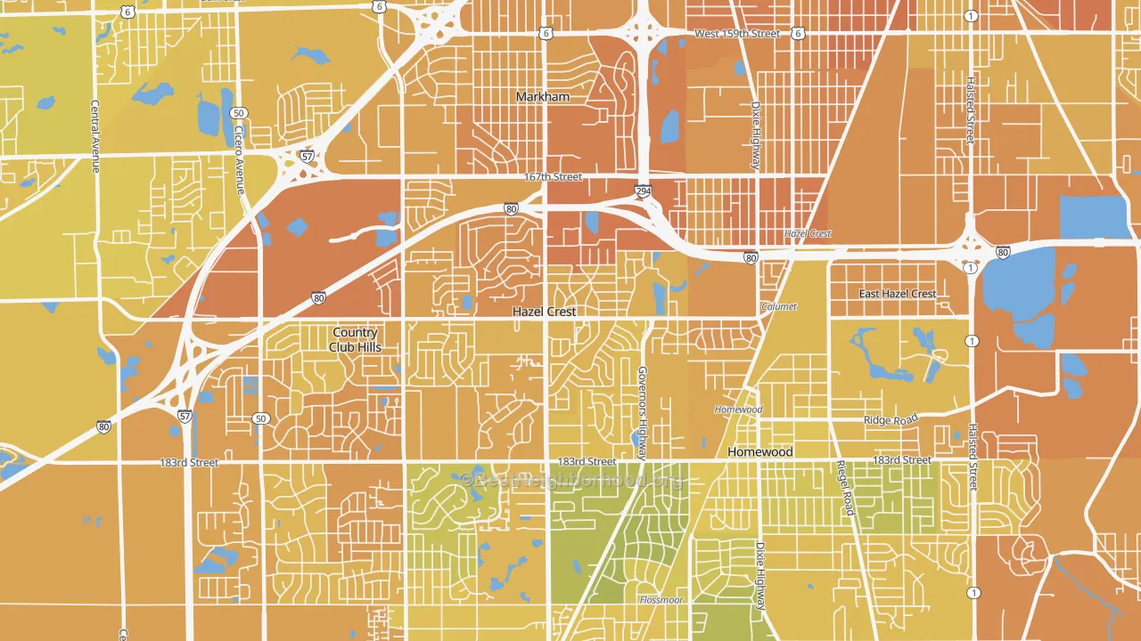 Map of the best neighborhoods in the Hazel Crest area, with better matches in green and worse matches in red