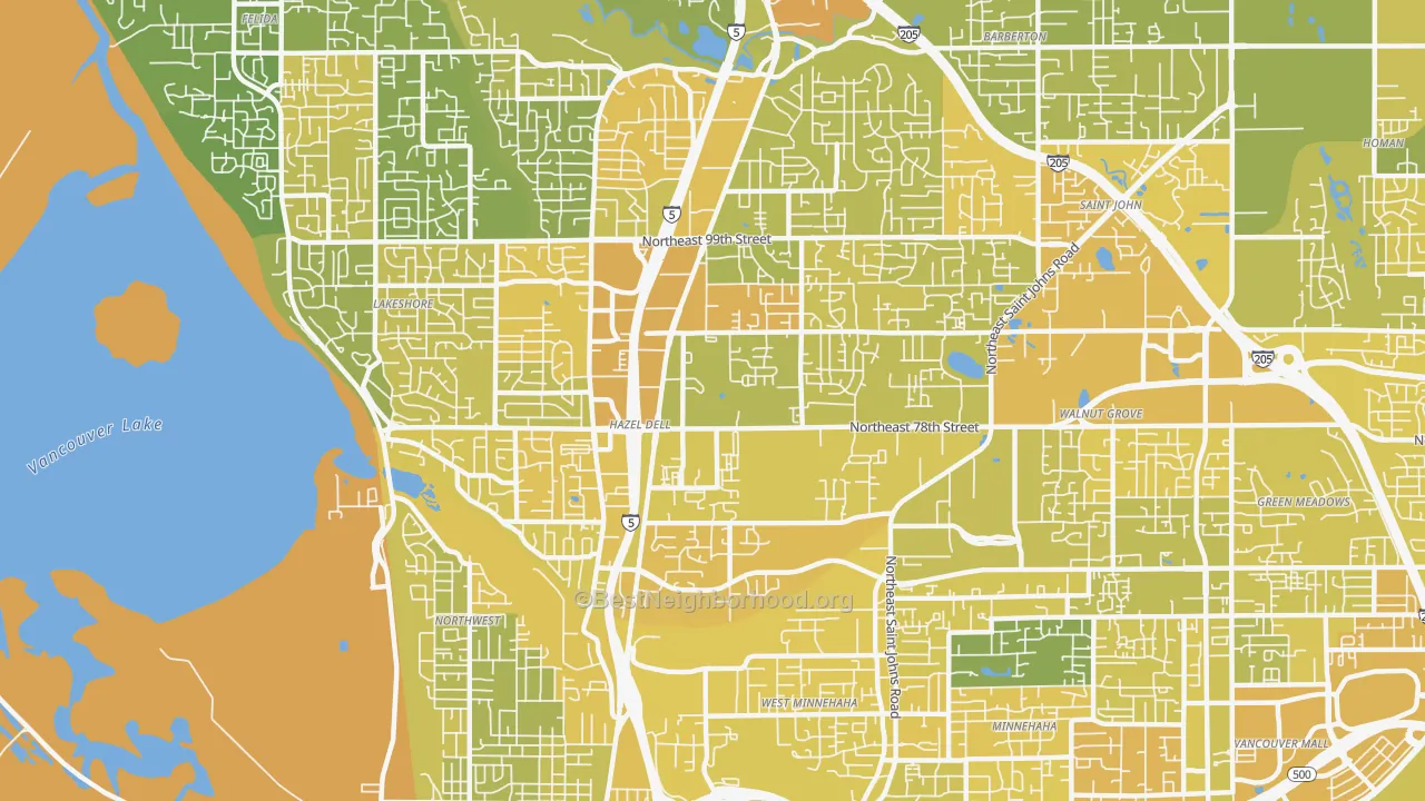 Map of the best neighborhoods in the Hazel Dell area, with better matches in green and worse matches in red