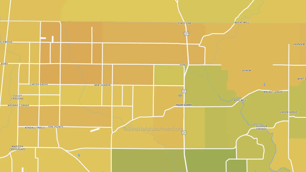 Map of the best neighborhoods in the Hazel Green area, with better matches in green and worse matches in red
