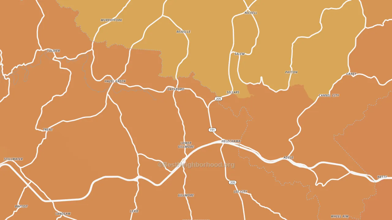 Map of the best neighborhoods in the Hazel Green area, with better matches in green and worse matches in red