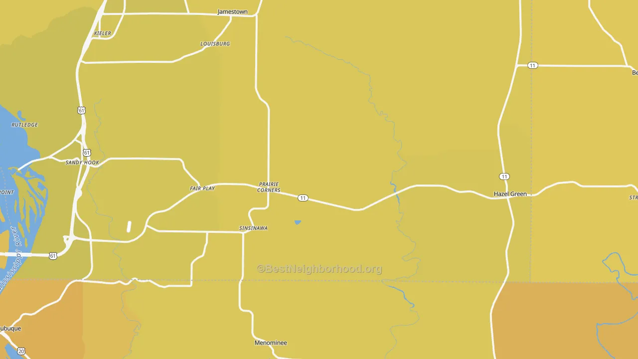 Map of the best neighborhoods in the Hazel Green area, with better matches in green and worse matches in red