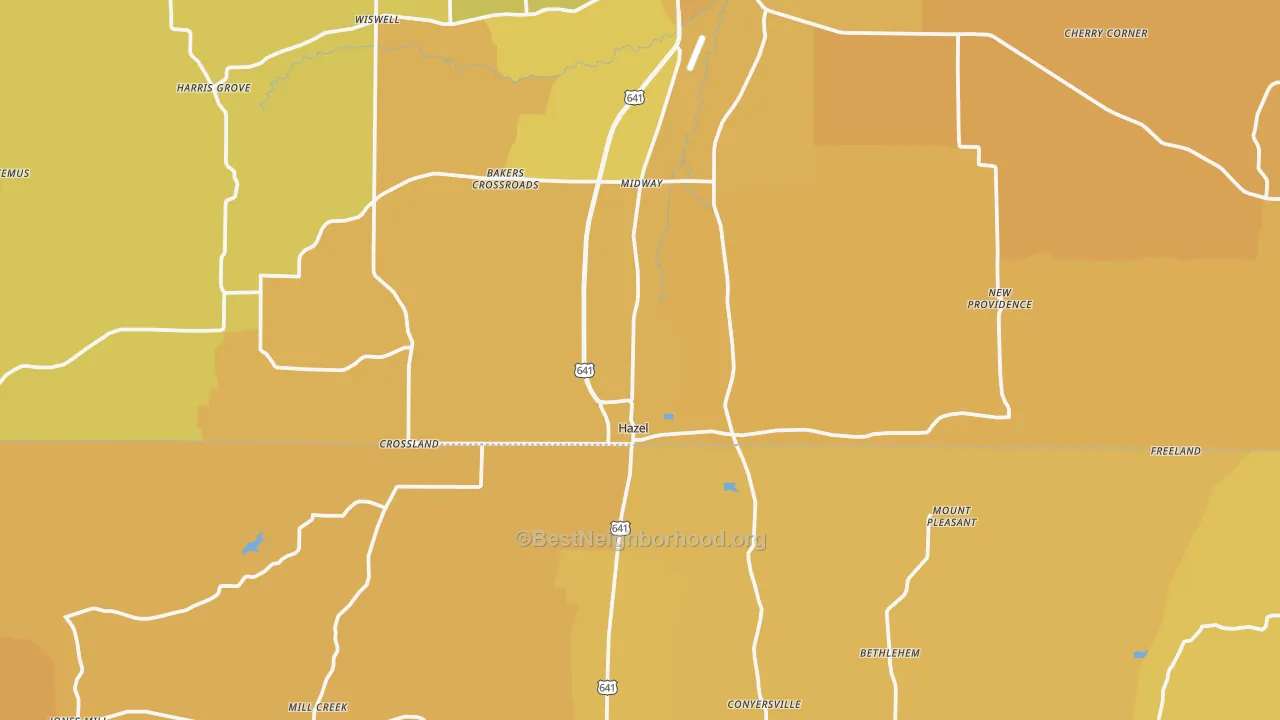 Map of the best neighborhoods in the Hazel area, with better matches in green and worse matches in red