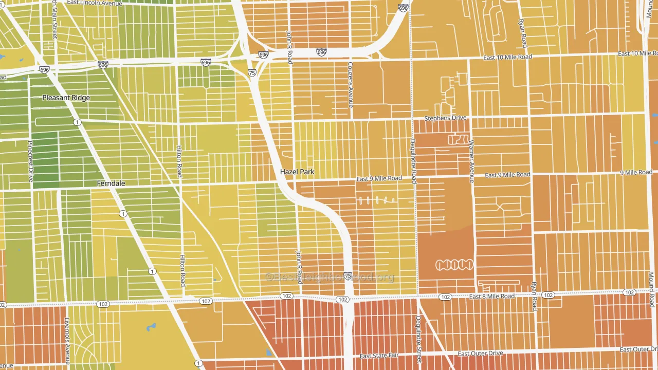 Map of the best neighborhoods in the Hazel Park area, with better matches in green and worse matches in red