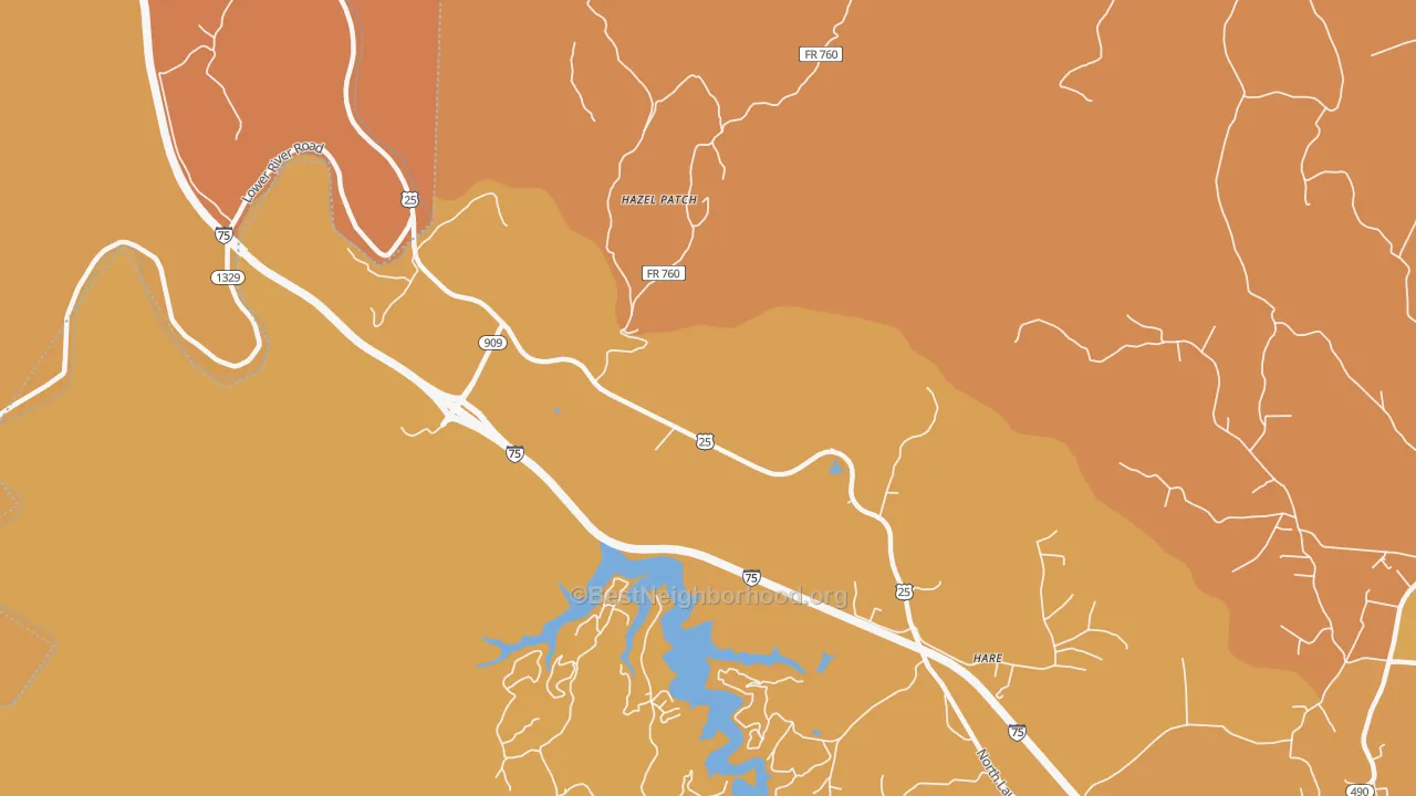Map of the best neighborhoods in the Hazel Patch area, with better matches in green and worse matches in red