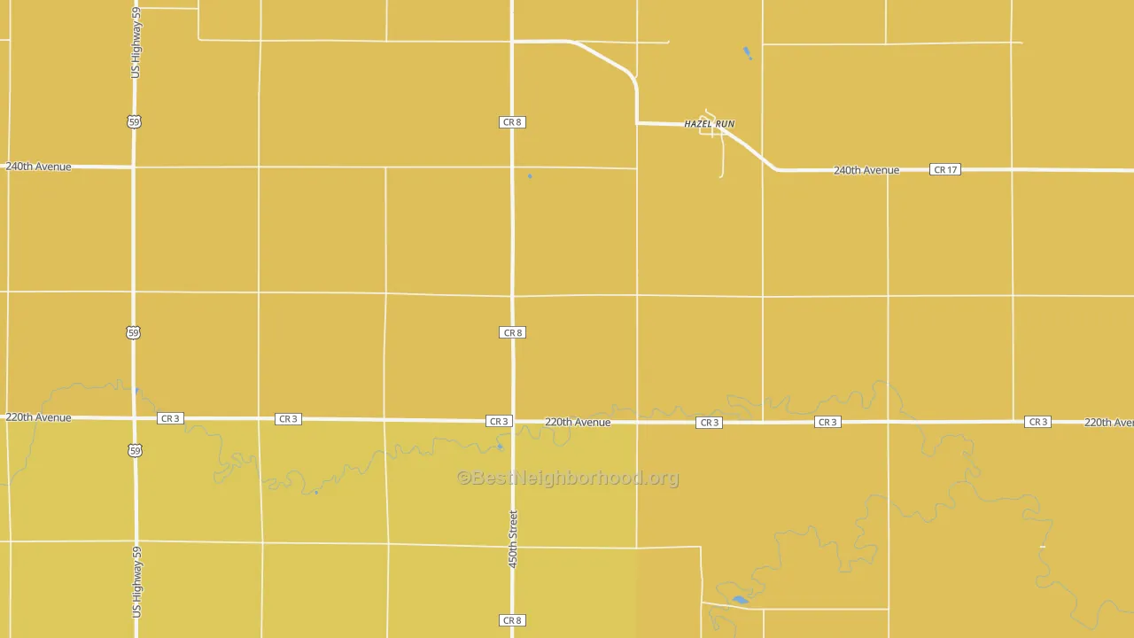 Map of the best neighborhoods in the Hazel Run area, with better matches in green and worse matches in red
