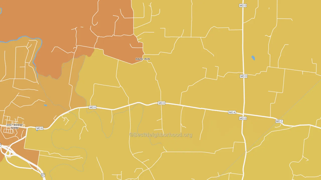 Map of the best neighborhoods in the Hazel Run area, with better matches in green and worse matches in red