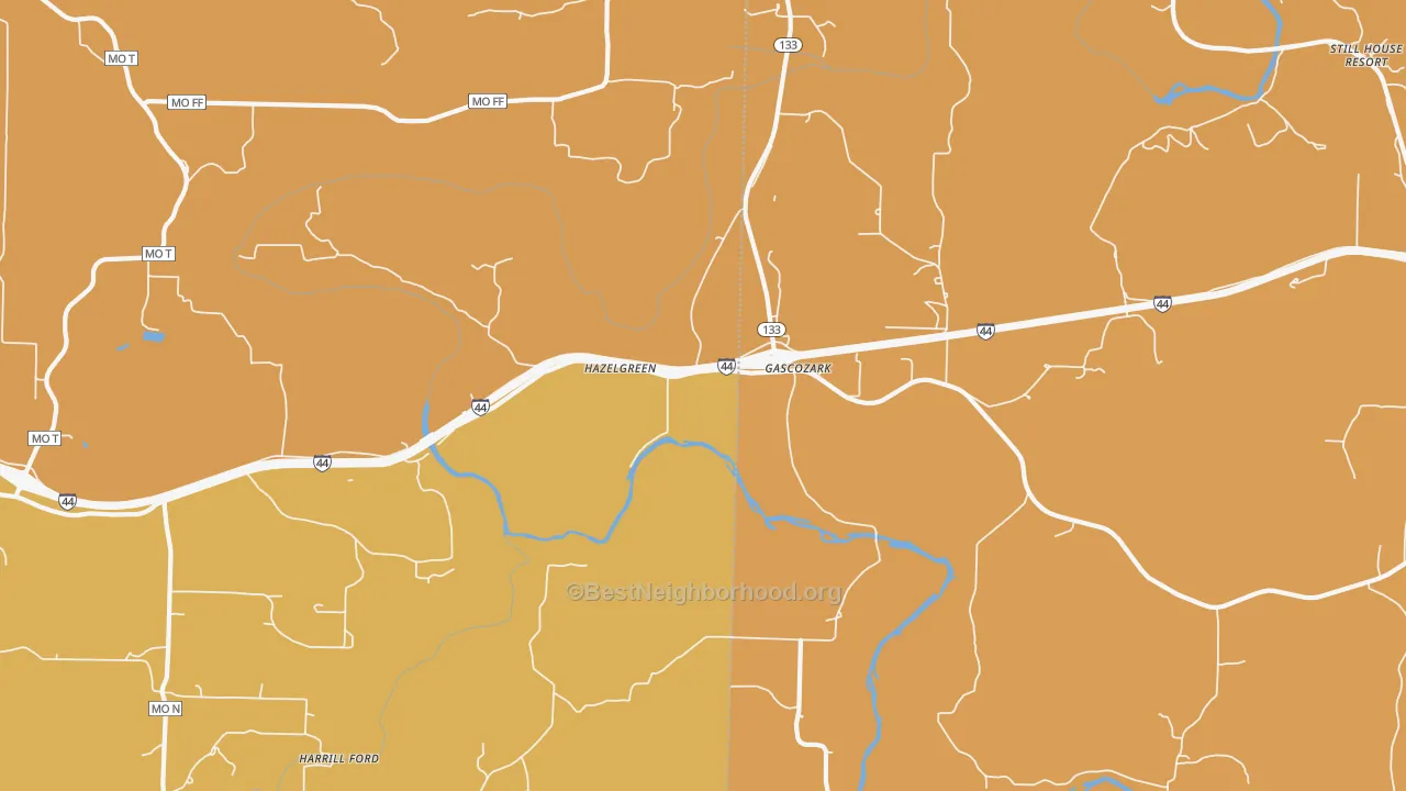 Map of the best neighborhoods in the Hazelgreen area, with better matches in green and worse matches in red