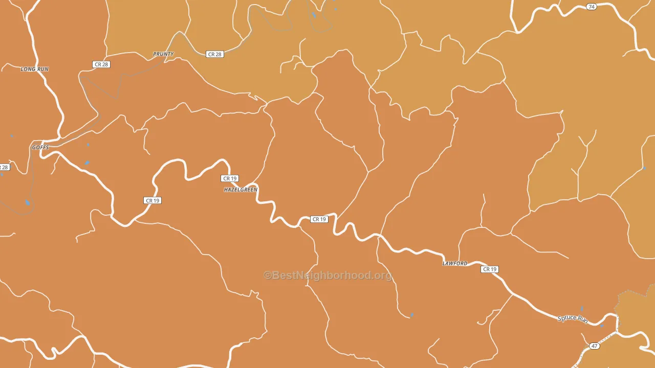 Map of the best neighborhoods in the Hazelgreen area, with better matches in green and worse matches in red