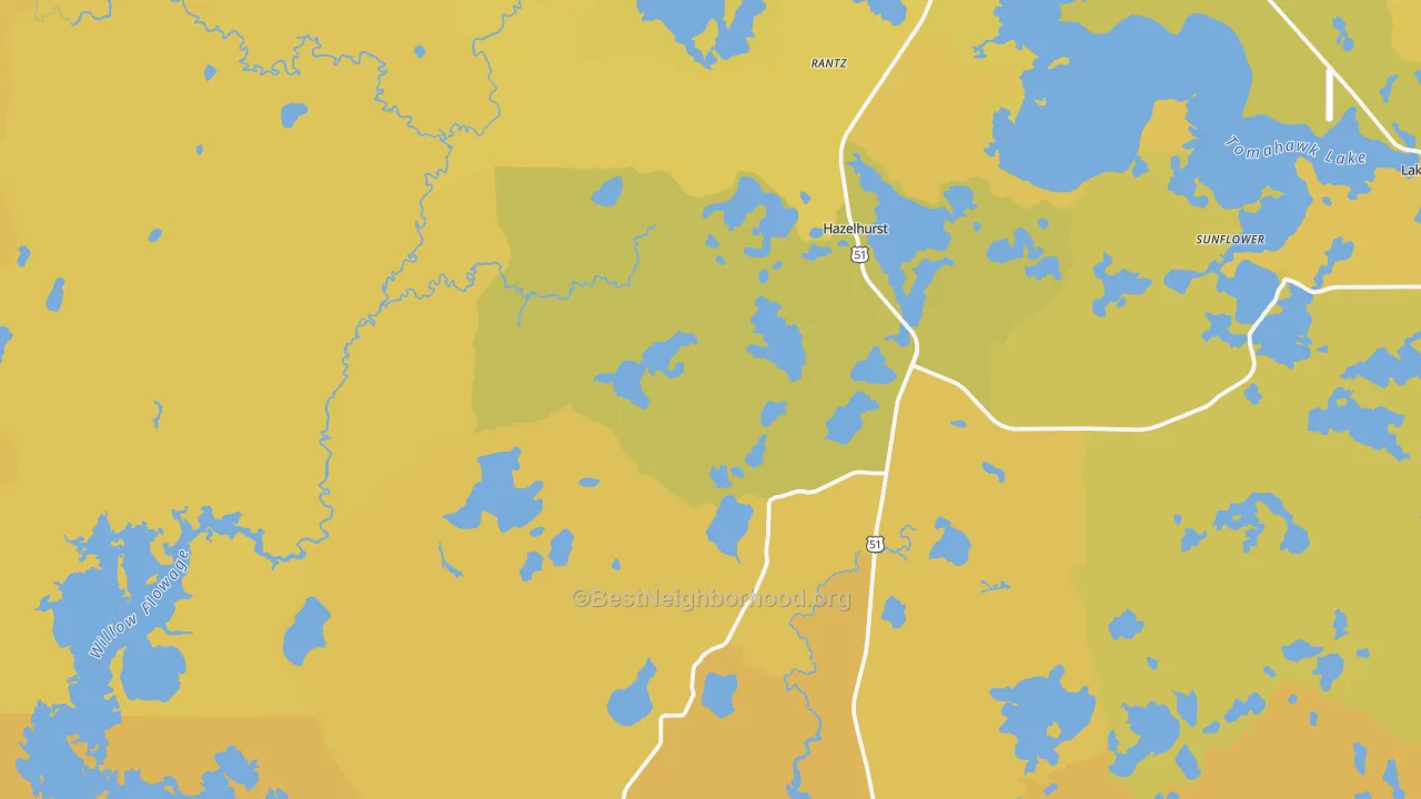 Map of the best neighborhoods in the Hazelhurst area, with better matches in green and worse matches in red