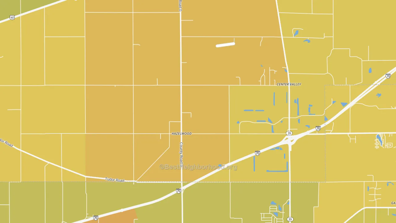Map of the best neighborhoods in the Hazelwood area, with better matches in green and worse matches in red