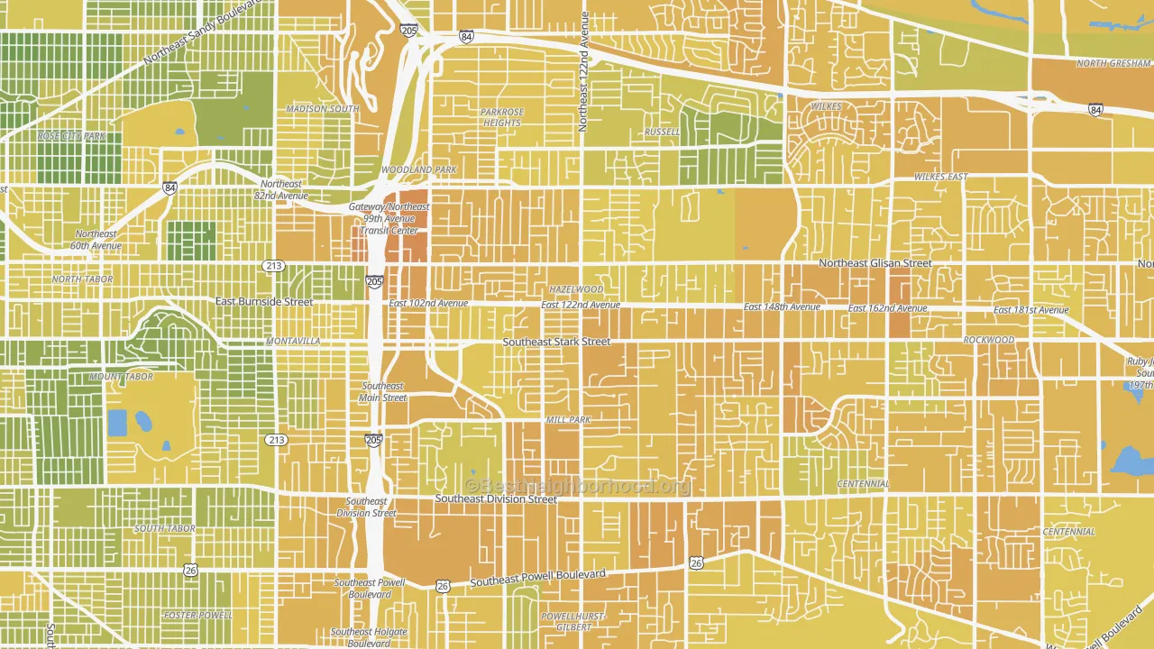 Map of the best neighborhoods in the Hazelwood-Mill Park, Portland area, with better matches in green and worse matches in red