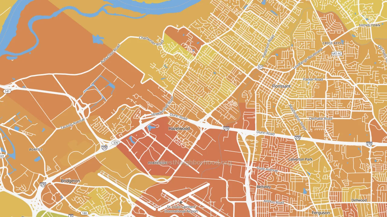 Map of the best neighborhoods in the Hazelwood area, with better matches in green and worse matches in red