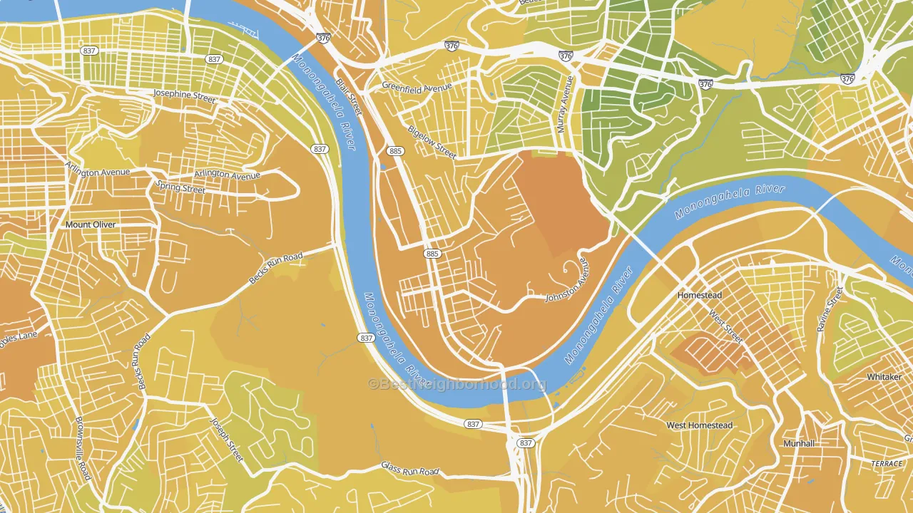 Map of the best neighborhoods in the Hazelwood, Pittsburgh area, with better matches in green and worse matches in red