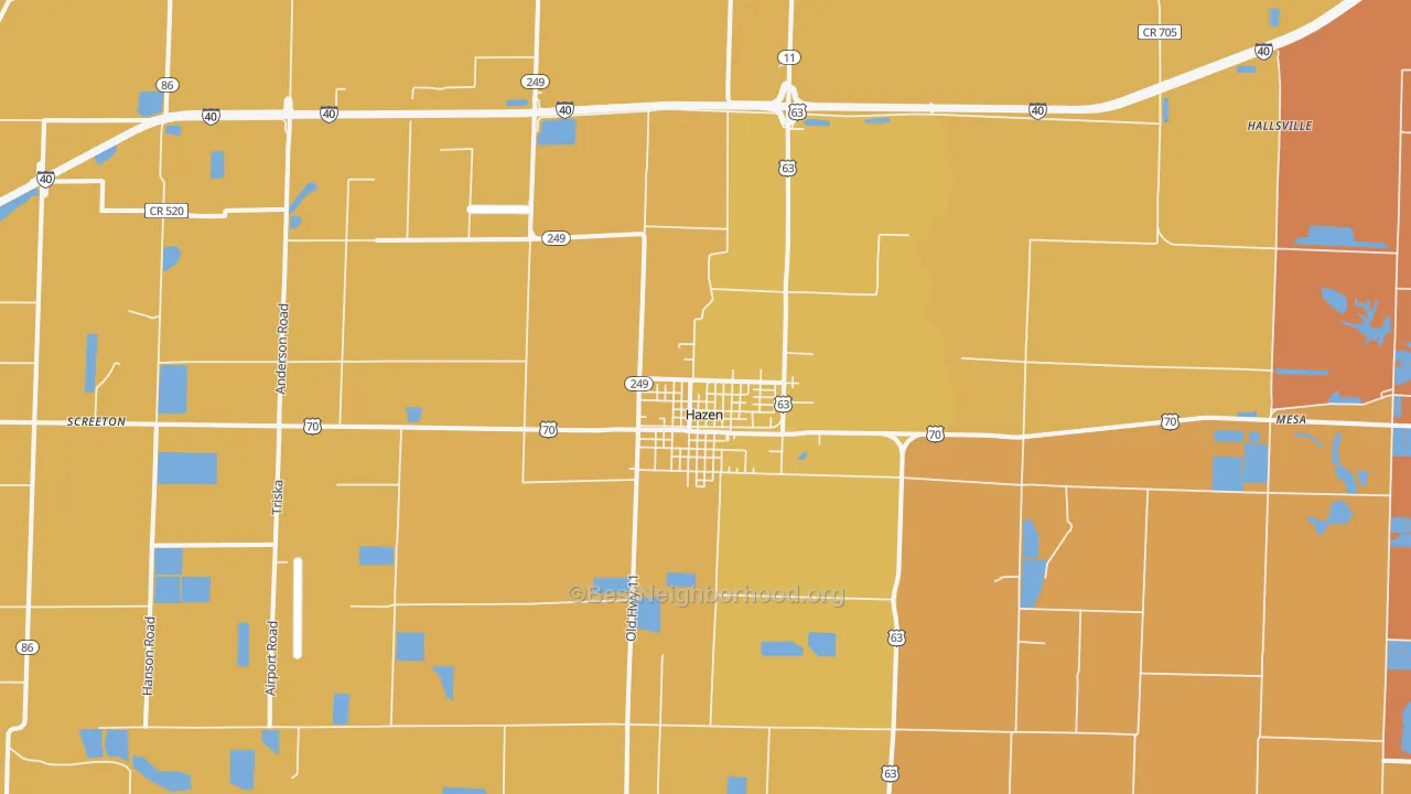 Map of the best neighborhoods in the Hazen area, with better matches in green and worse matches in red