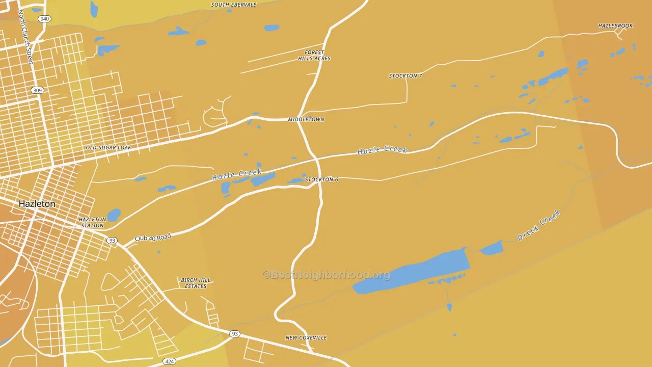 Map of the best neighborhoods in the Hazle Township area, with better matches in green and worse matches in red