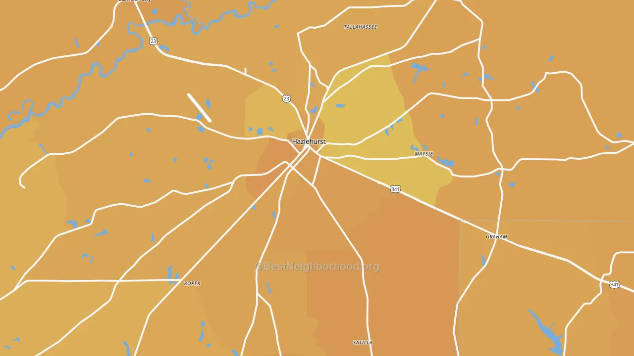 Map of the best neighborhoods in the Hazlehurst area, with better matches in green and worse matches in red