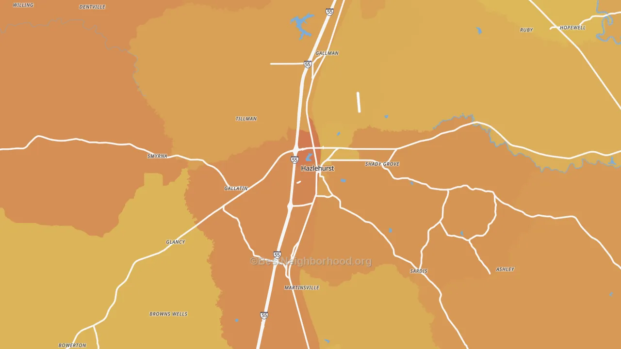 Map of the best neighborhoods in the Hazlehurst area, with better matches in green and worse matches in red