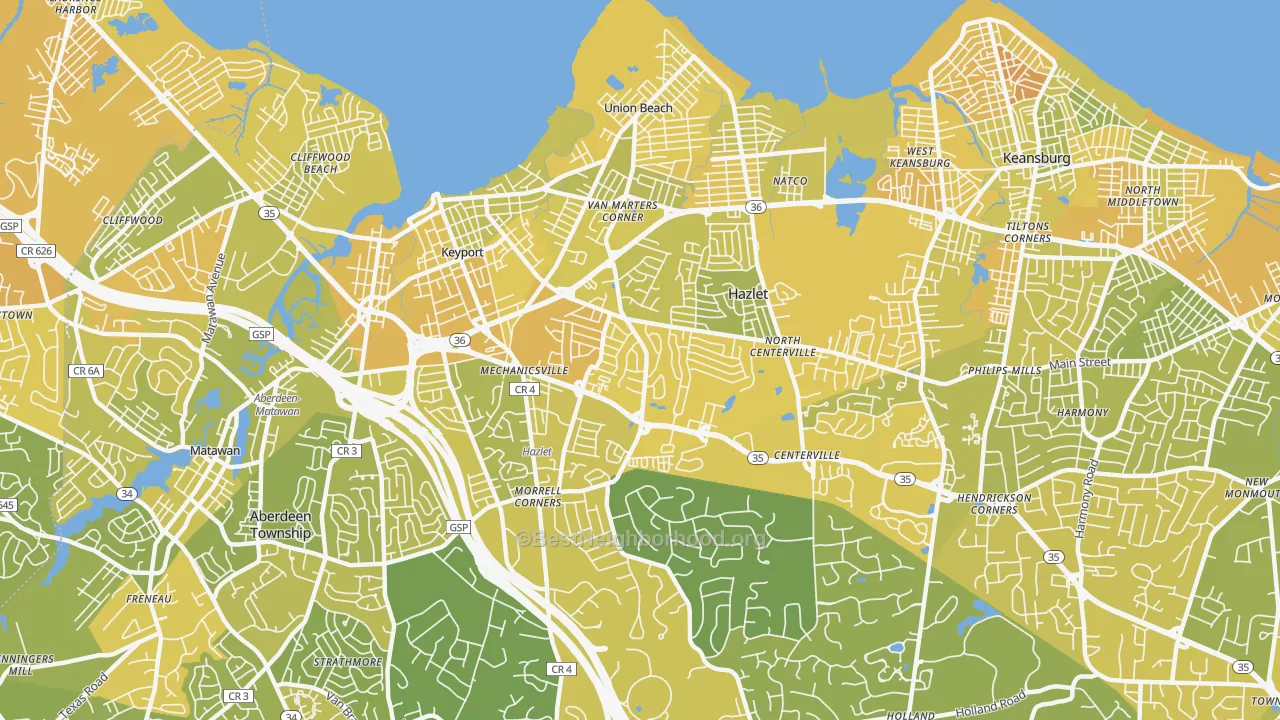 Map of the best neighborhoods in the Hazlet area, with better matches in green and worse matches in red