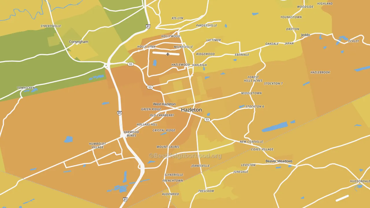Map of the best neighborhoods in the Hazleton area, with better matches in green and worse matches in red
