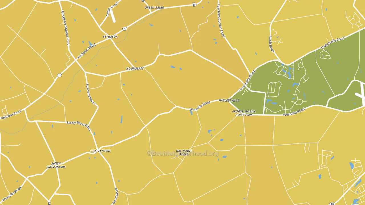 Map of the best neighborhoods in the Hazlettville area, with better matches in green and worse matches in red