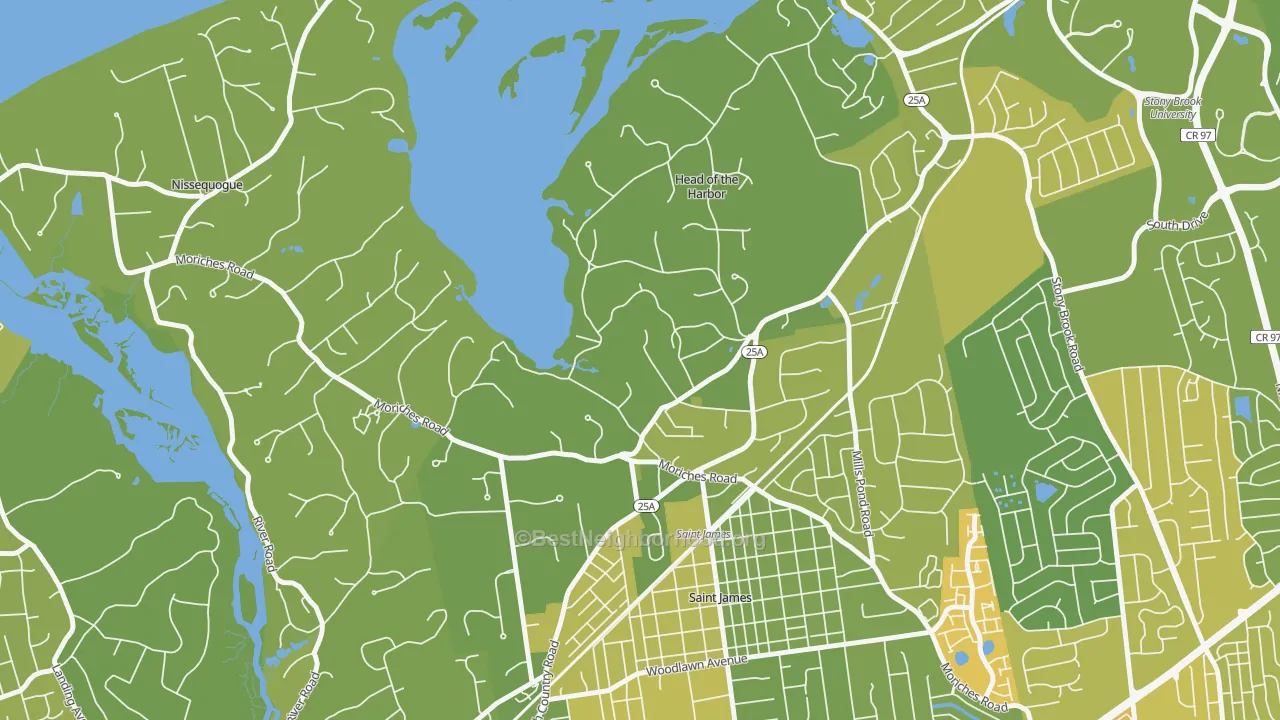 Map of the best neighborhoods in the Head of the Harbor area, with better matches in green and worse matches in red