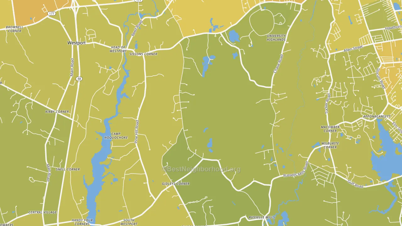 Map of the best neighborhoods in the Head of Westport area, with better matches in green and worse matches in red