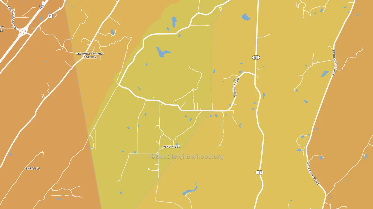 Map of the best neighborhoods in the Head River area, with better matches in green and worse matches in red
