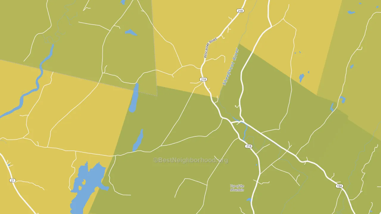 Map of the best neighborhoods in the Head Tide area, with better matches in green and worse matches in red