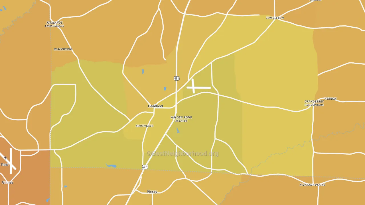Map of the best neighborhoods in the Headland area, with better matches in green and worse matches in red