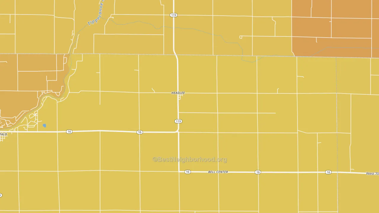 Map of the best neighborhoods in the Headlee area, with better matches in green and worse matches in red