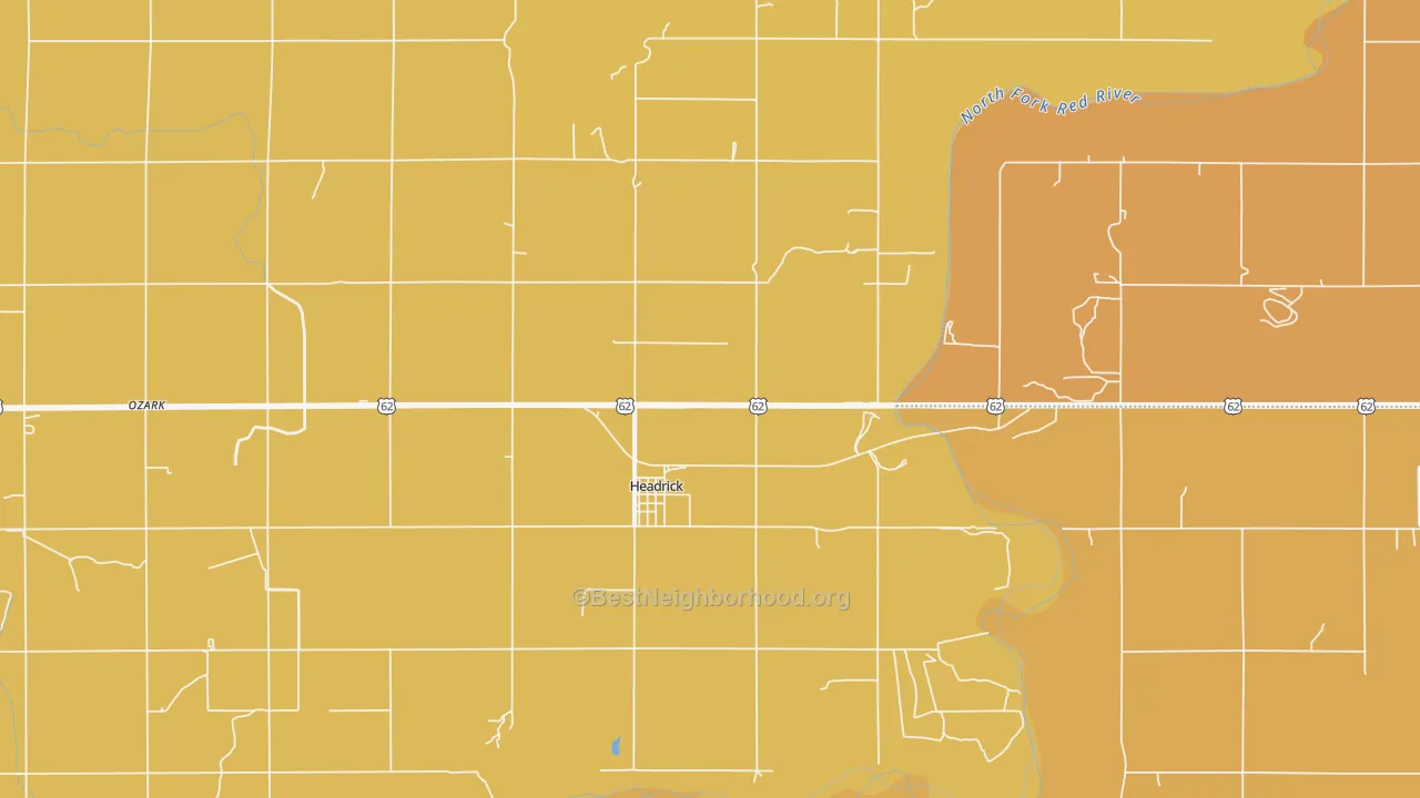 Map of the best neighborhoods in the Headrick area, with better matches in green and worse matches in red