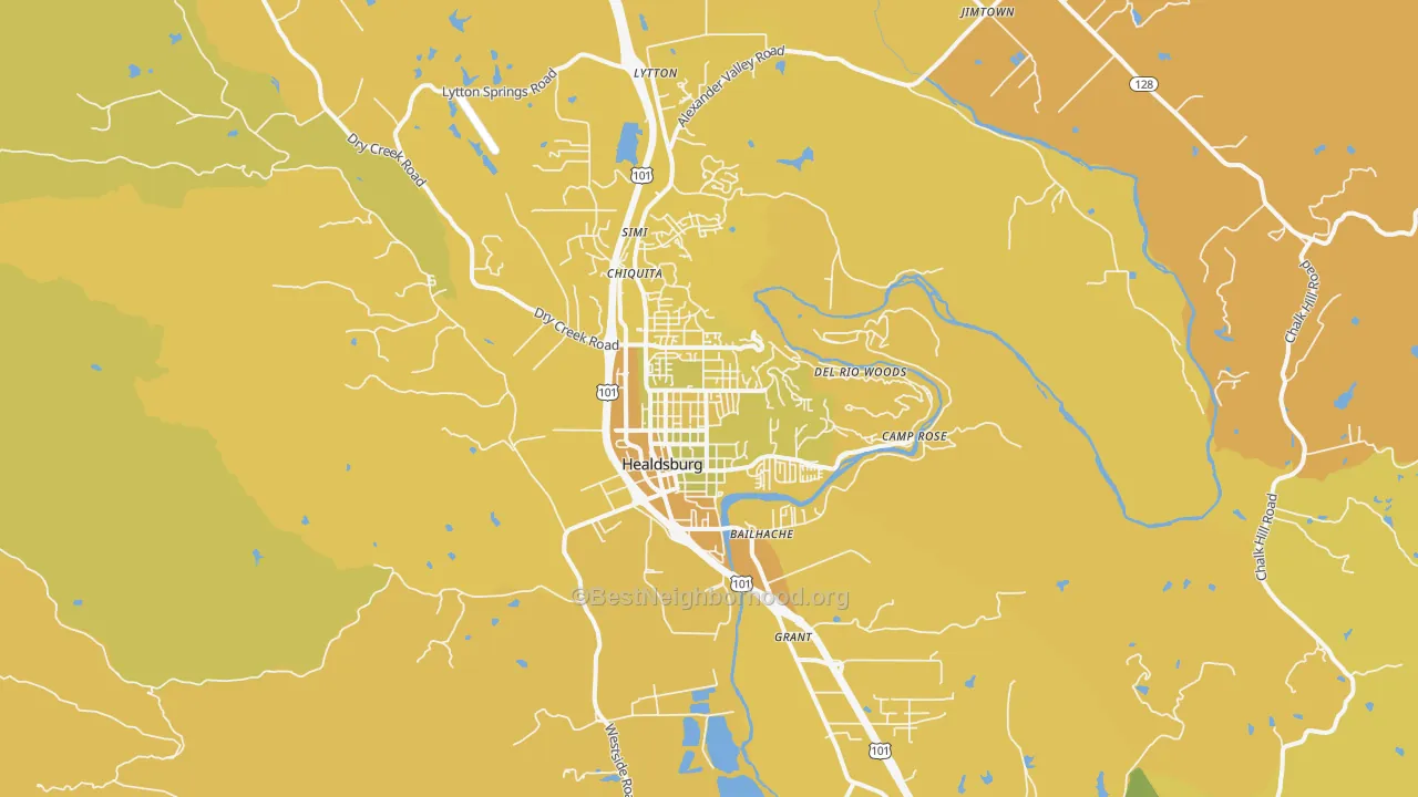 Map of the best neighborhoods in the Healdsburg area, with better matches in green and worse matches in red