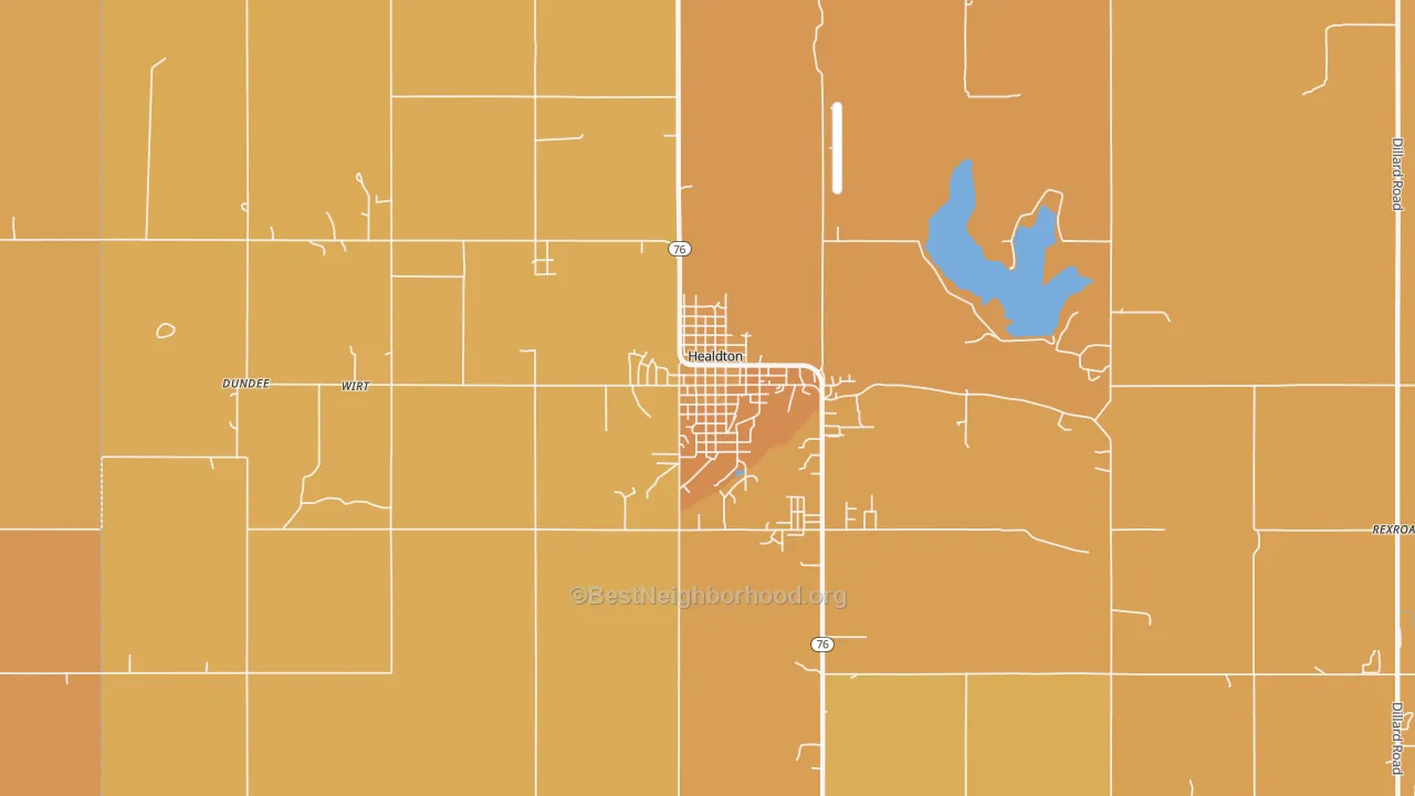 Map of the best neighborhoods in the Healdton area, with better matches in green and worse matches in red