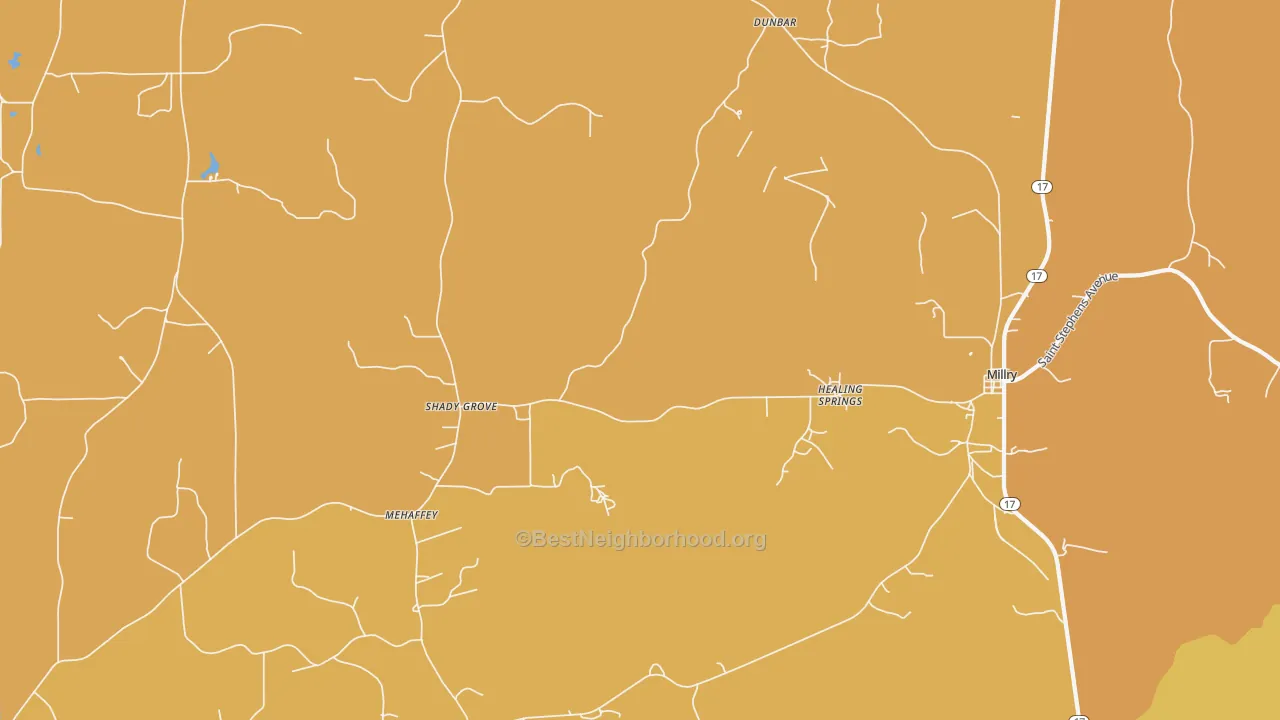Map of the best neighborhoods in the Healing Springs area, with better matches in green and worse matches in red