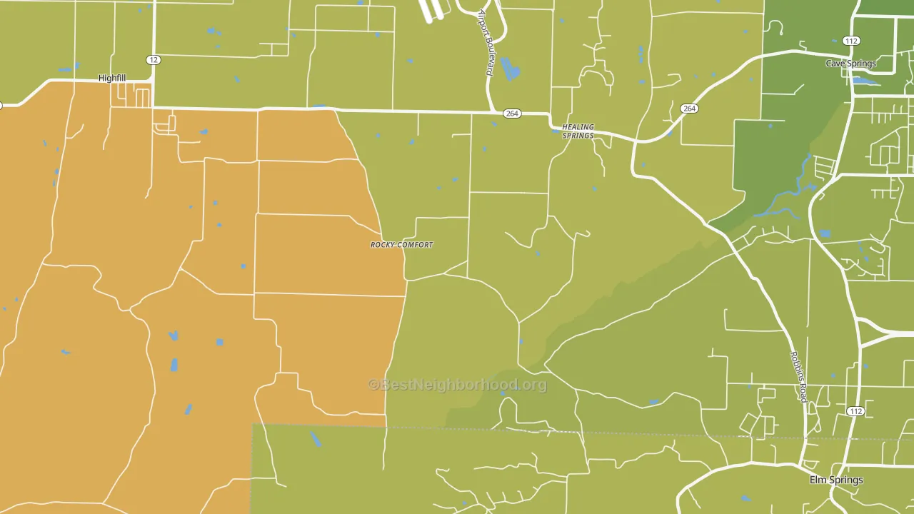 Map of the best neighborhoods in the Healing Springs area, with better matches in green and worse matches in red