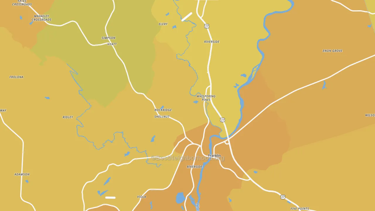 Map of the best neighborhoods in the Heard County area, with better matches in green and worse matches in red