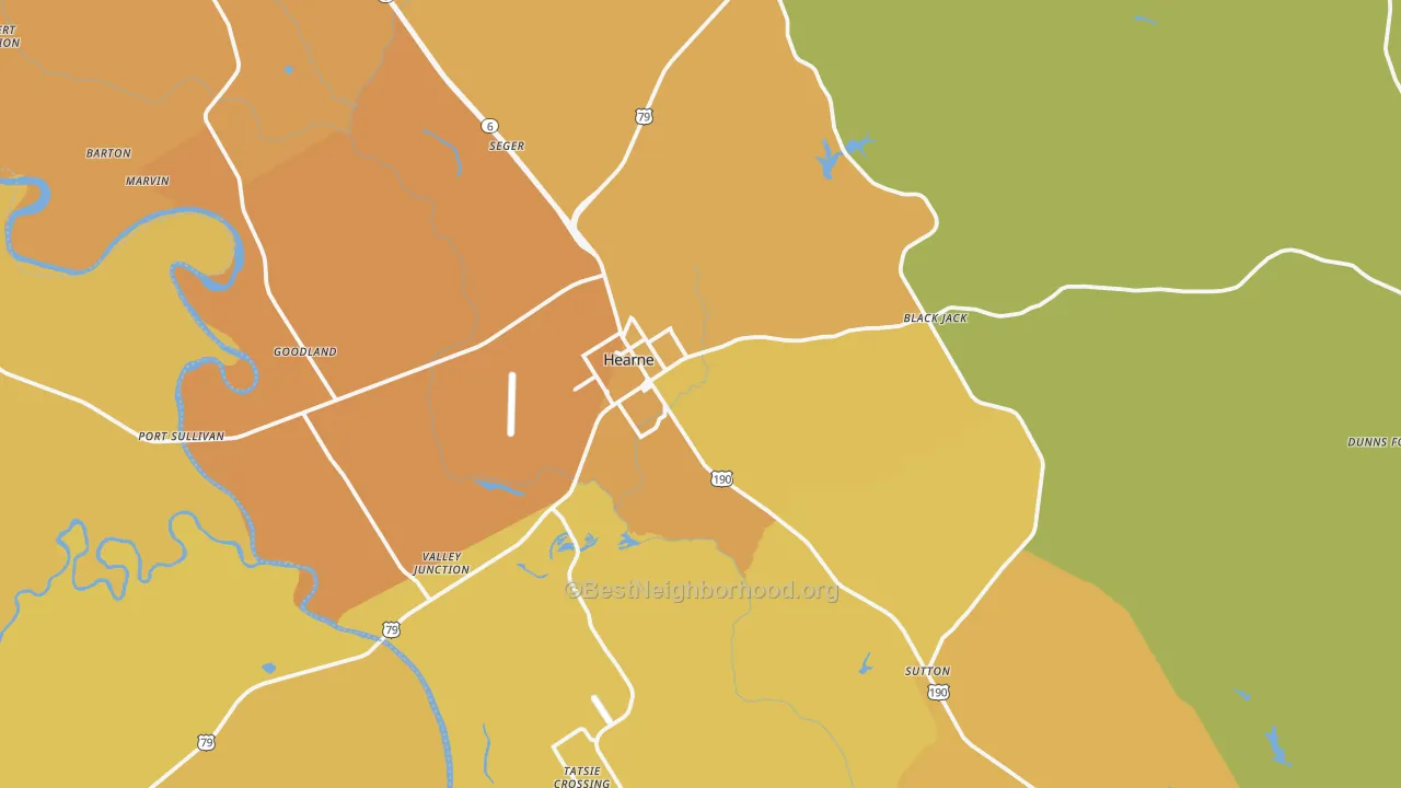 Map of the best neighborhoods in the Hearne area, with better matches in green and worse matches in red
