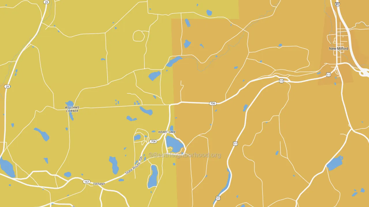 Map of the best neighborhoods in the Heart Lake area, with better matches in green and worse matches in red