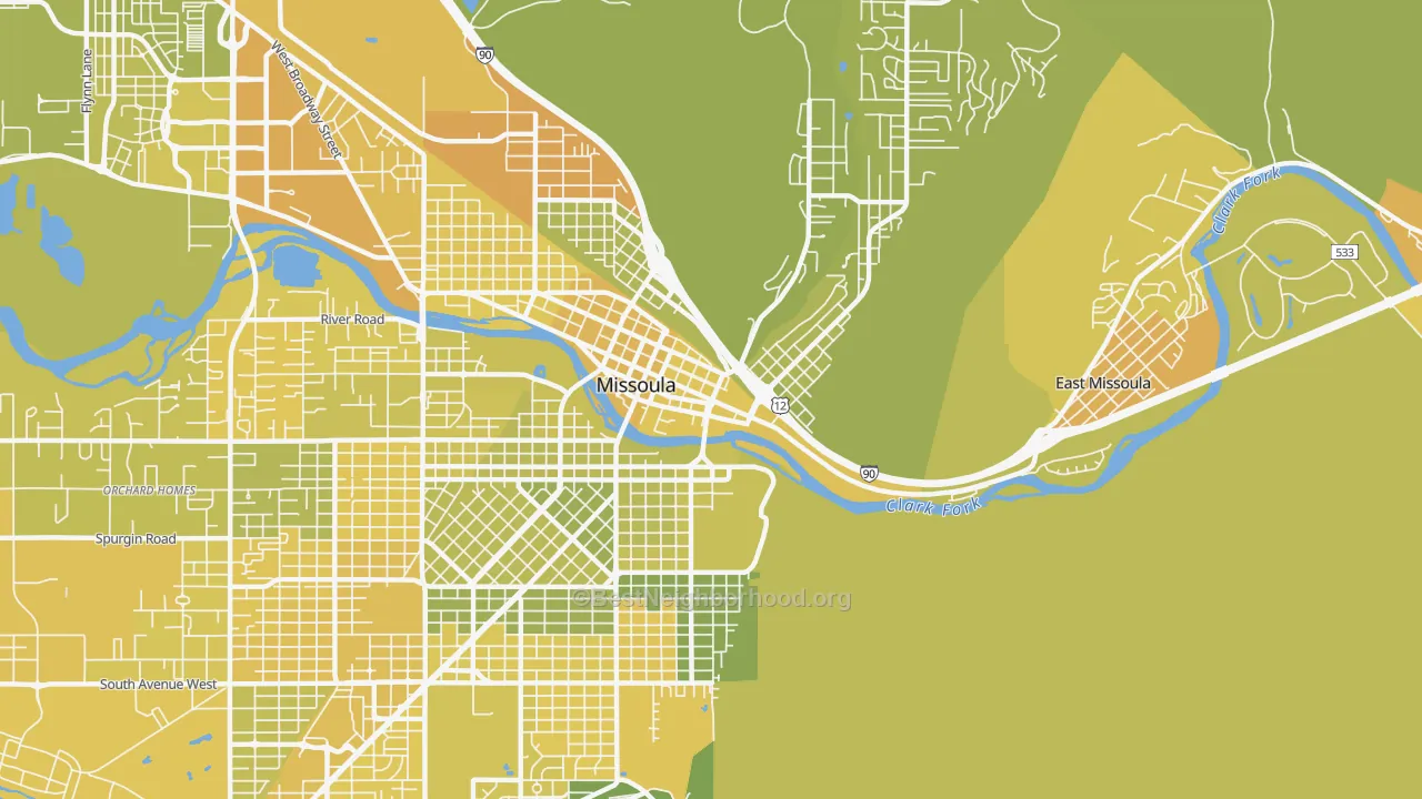 Map of the best neighborhoods in the Heart of Missoula, Missoula area, with better matches in green and worse matches in red