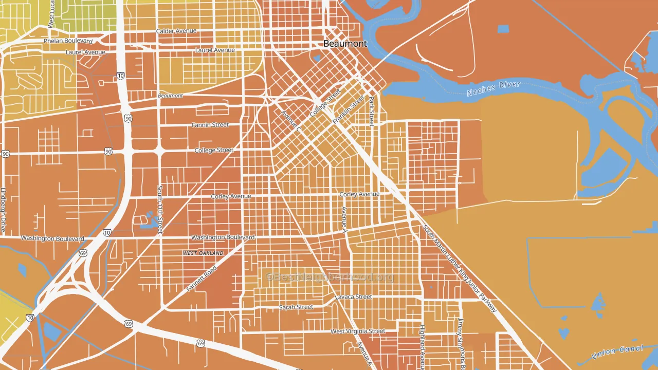 Map of the best neighborhoods in the Heart of the City, Beaumont area, with better matches in green and worse matches in red