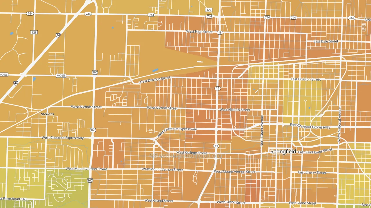 Map of the best neighborhoods in the Heart of the Westside, Springfield area, with better matches in green and worse matches in red