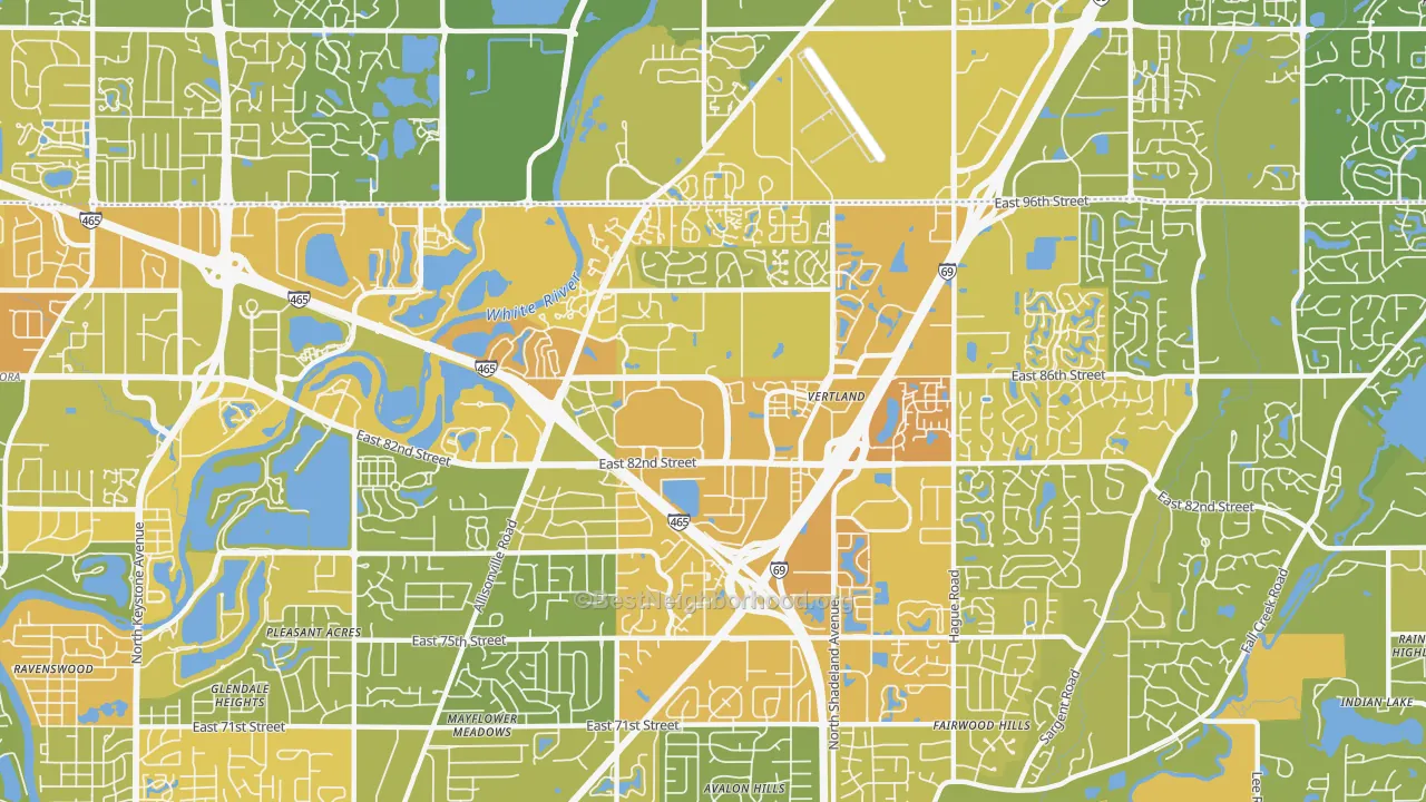 Map of the best neighborhoods in the Hearth Stone, Indianapolis area, with better matches in green and worse matches in red