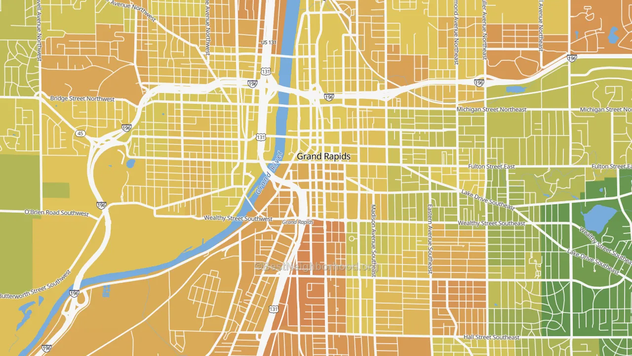 Map of the best neighborhoods in the Heartside-Downtown, Grand Rapids area, with better matches in green and worse matches in red