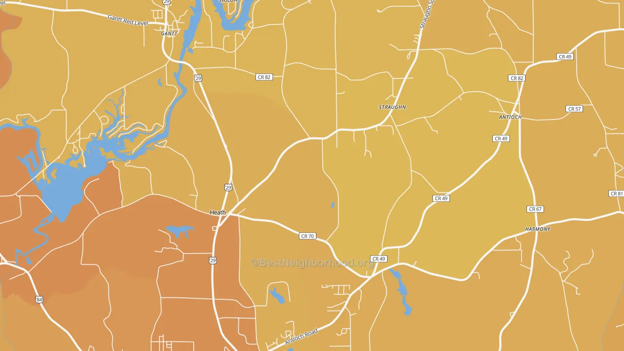 Map of the best neighborhoods in the Heath area, with better matches in green and worse matches in red