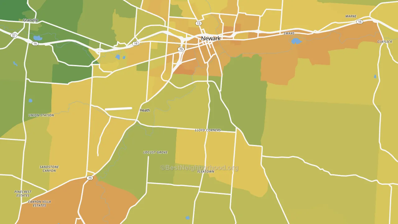 Map of the best neighborhoods in the Heath area, with better matches in green and worse matches in red