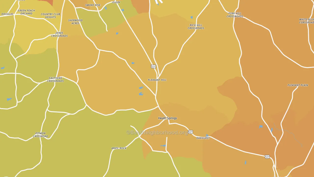 Map of the best neighborhoods in the Heath Springs area, with better matches in green and worse matches in red